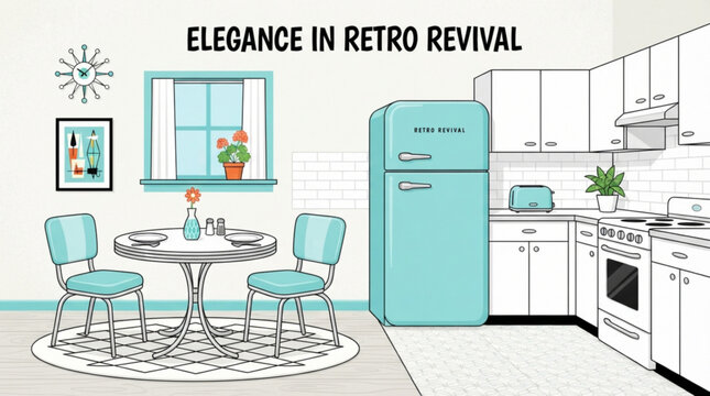 Charming mid century modern kitchen interior featuring pastel teal appliances and retro dining furniture for a nostalgic home design concept