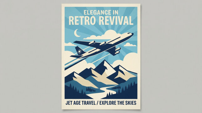 Vintage style travel poster featuring a jet airplane soaring above majestic mountains and a winding river under a stylized sunburst with presents vintage inspired