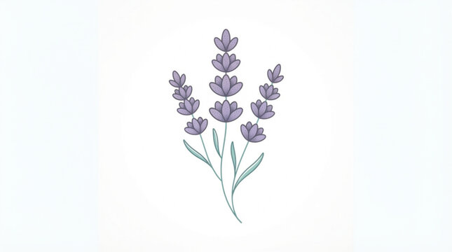 Minimalist lavender sprig botanical illustration featuring soft purple floral buds and delicate green stems isolated on a clean white background design