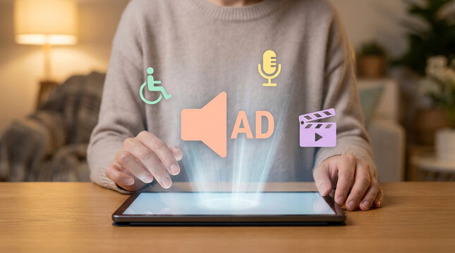Concept of digital accessibility for visually impaired showing woman using tablet with audio description icon and inclusivity symbols.