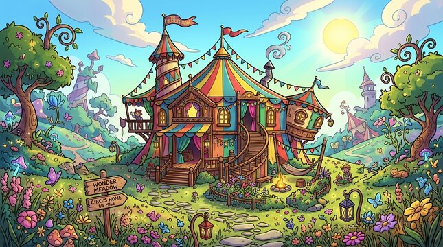 Whimsical Fantasy Circus Tent in Enchanted Forest Landscape.