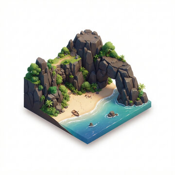 Isometric 3d render of a tropical island cove with rocky cliffside and hidden sandy shoreline featuring a small wooden boat floating in clear blue water
