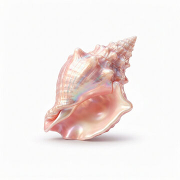 Elegant iridescent pink conch seashell isolated on white background for marine themed design projects and nature inspired decorative graphic elements