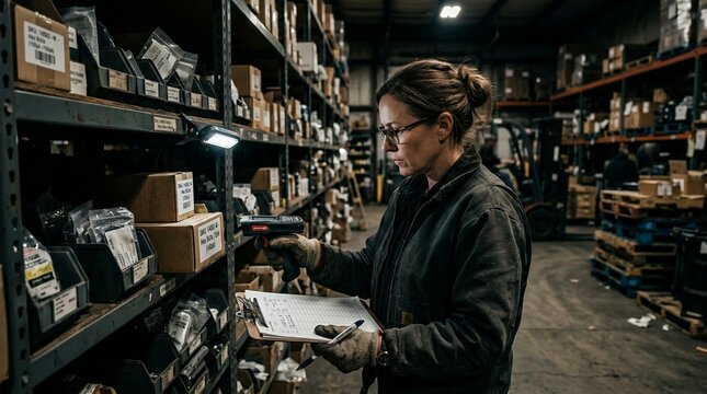 Woman working in warehouse inventory management checking stock on shelves.