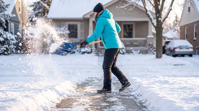 Woman in winter jacket clears snow from a driveway with a shovel near suburban houses, throwing fresh powder in bright sunlight.