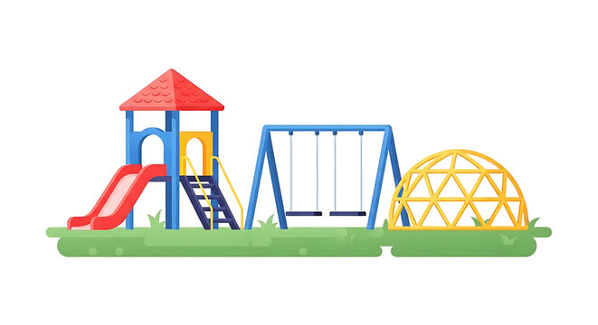 Vibrant playground clipart illustration featuring a red slide blue swing set and yellow climbing dome on green grass