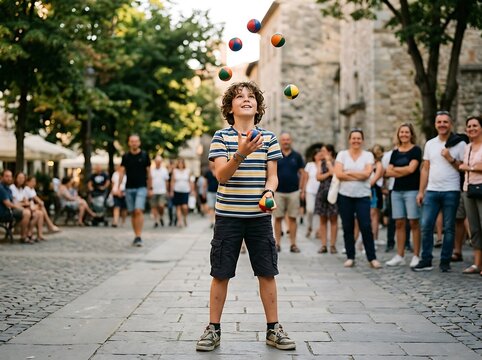 A young boy skillfully juggles multiple colorful balls in a lively outdoor plaza, entertaining a captivated audience
