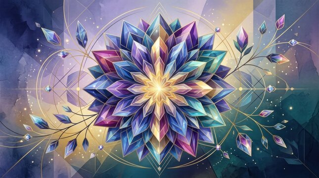 A vibrant, abstract geometric mandala with a star-like center, surrounded by intricate patterns and gemstone-like elements, set against a gradient background with shades of purple and blue.