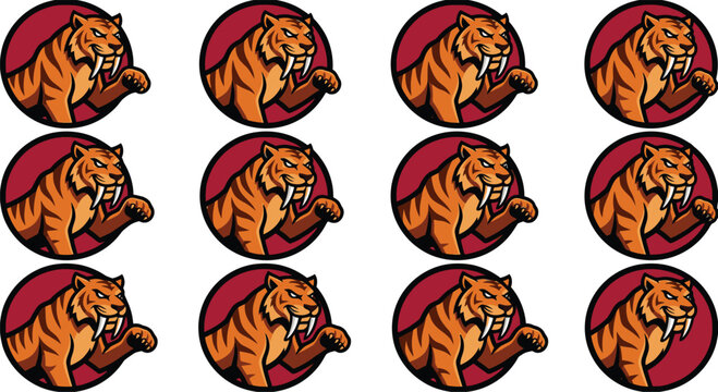 Vector illustration set of twelve repeating saber-toothed tiger mascot logos featuring long white fangs and orange stripes inside dark red circular frames on a plain white background.