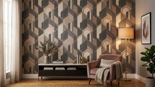 A modern, geometric-patterned wallpaper with a mix of earthy tones and metallic accents, installed in a stylish living room with hardwood floors and a cozy armchair.