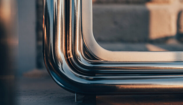 Close-up of metallic pipes with rounded edges, reflecting light, set against a blurred background, showcasing industrial design and shiny surfaces.