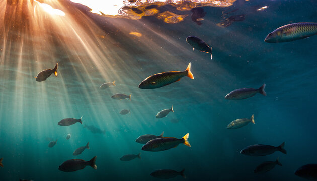 Sunlight penetrates the water surface, illuminating a school of fish swimming in clear, blue ocean waters with rays of light creating a serene underwater scene.