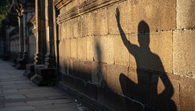 The image shows a shadow of a person on a stone wall, with the person raising one hand. The setting appears to be outdoors with architectural elements nearby.