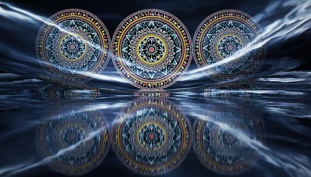 Three large, intricate circular patterns with vibrant colors are displayed against a dark background, with light streaks creating a dynamic, symmetrical visual effect.