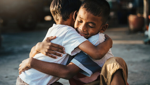 Two children are embracing each other in a warm hug outdoors, smiling and showing affection, with a blurred background indicating a casual, outdoor setting.