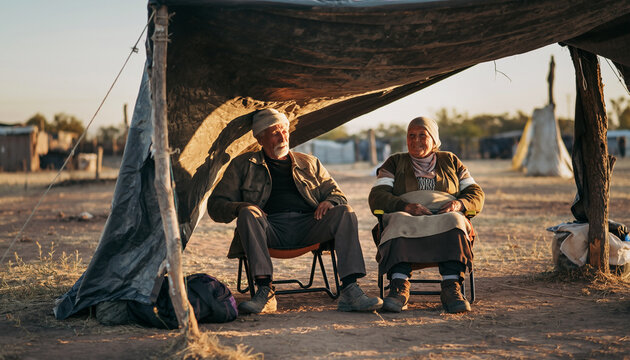 Two elderly individuals sitting in front of a tent in a rural setting, engaging in conversation or sharing a moment outdoors during sunset or sunrise.