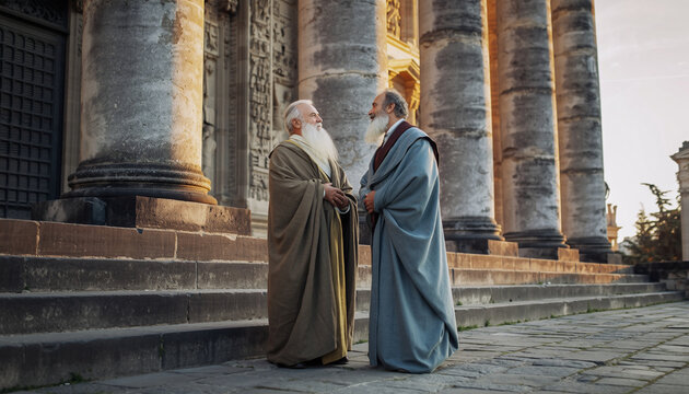 Two elderly men with beards and traditional robes are engaged in conversation on a stone-paved street outside a historic building with large columns and intricate architecture.