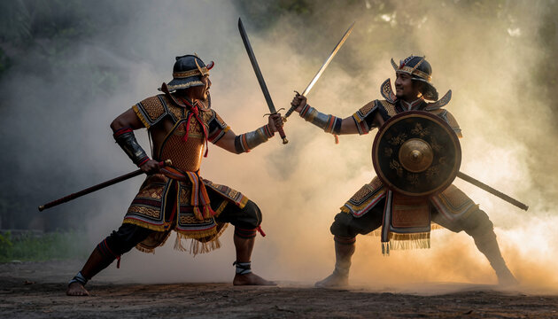 Two individuals dressed in traditional armor engage in a mock combat with swords, surrounded by dust and smoke, suggesting a staged or ceremonial martial arts performance.