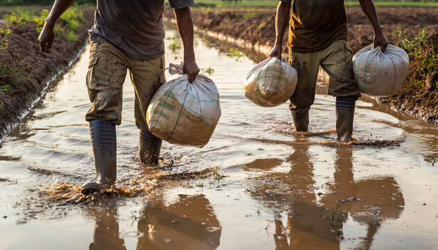 Two individuals wade through a flooded field, carrying large sacks, with muddy water and farmland visible in the background, indicating agricultural activity in wet conditions.