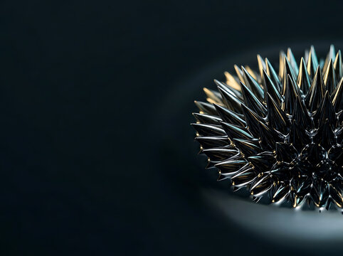 Macro photography of black ferrofluid spikes forming intricate magnetic shapes under a magnetic field on a dark background