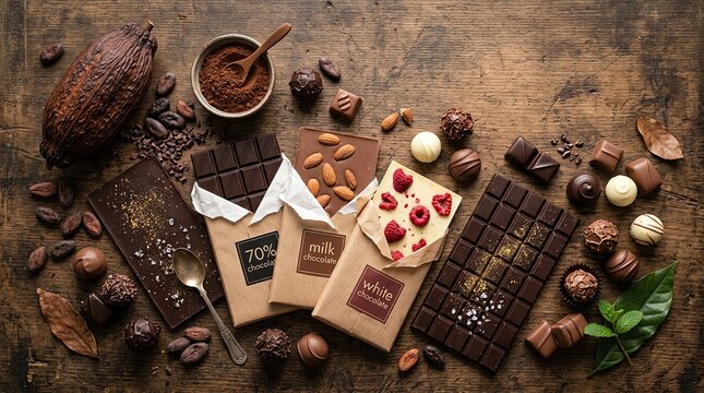 Artisanal Chocolate Collection with Cocoa Beans and Gourmet Truffles.