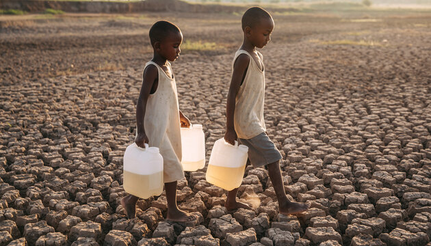Two young children walk across cracked, dry land while carrying plastic containers, suggesting a scene of drought or water scarcity in a rural or arid environment.