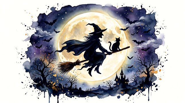Watercolor illustration of a witch flying on a broomstick with a black cat against a full moon