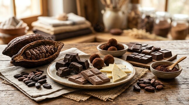 Assortment of chocolate products and cocoa ingredients on a rustic wooden table.