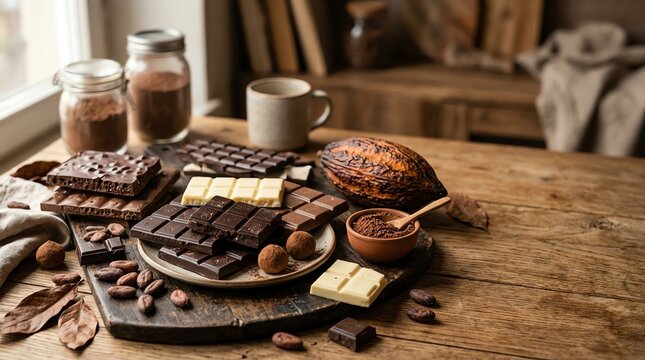 Delicious gourmet chocolate bars cocoa and beans.