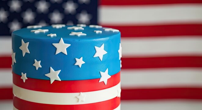 Patriotic tiered cake with stars and stripes decoration.