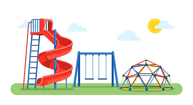 Colorful playground clipart illustration featuring a red spiral slide blue swing set and climbing dome gym for childrens outdoor fun in the sun