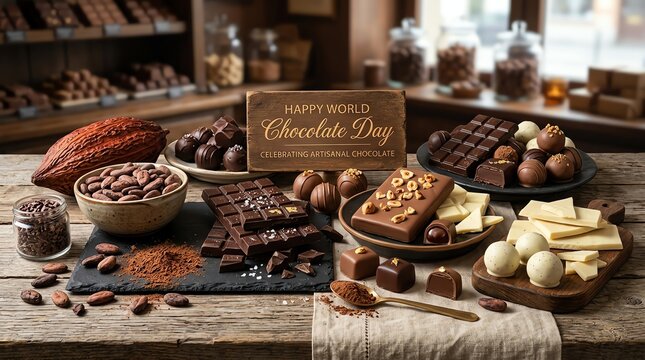 Happy World Chocolate Day featuring a delightful assortment of chocolates and cacao ingredients on a rustic table.