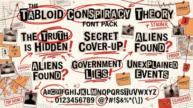 Tabloid conspiracy theory font pack featuring mismatched cut out letters and handwritten red marker annotations on a paper background
