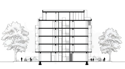 Architectural cross section vector of a multi-story residential building, technical blueprint drawing of an apartment block with trees and people © usman