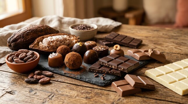 A delightful assortment of artisanal chocolates, cocoa beans, and pods displayed on a rustic wooden table, showcasing the journey from bean to bar.