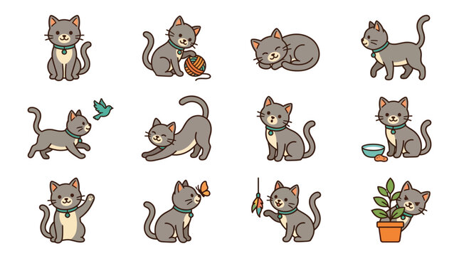Cute Grey Kittens Collection: Playful Poses, Adorable Actions, Vector Illustrations