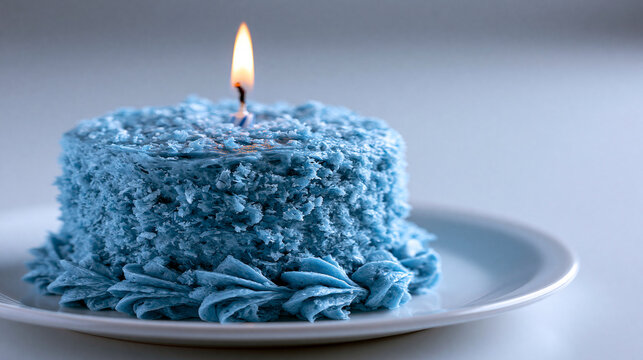Small round blue frosted cake with a single lit birthday candle birthday frosting celebration