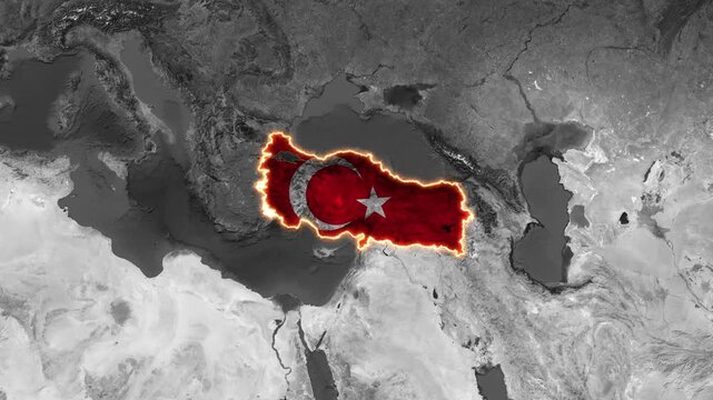Glowing turkey map with flag and fiery border motion animation