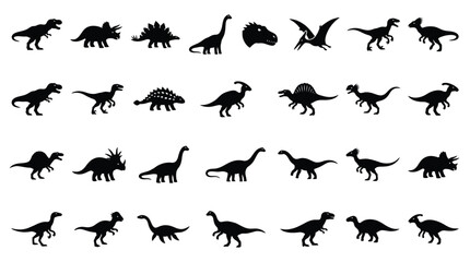 Large collection of twenty-eight distinct dinosaur silhouettes including Tyrannosaurus Rex, Triceratops, Stegosaurus, and Brachiosaurus, isolated on a white background vector set. © Saida Nahdhoh