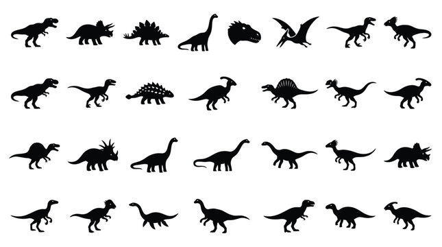Large collection of twenty-eight distinct dinosaur silhouettes including Tyrannosaurus Rex, Triceratops, Stegosaurus, and Brachiosaurus, isolated on a white background vector set.