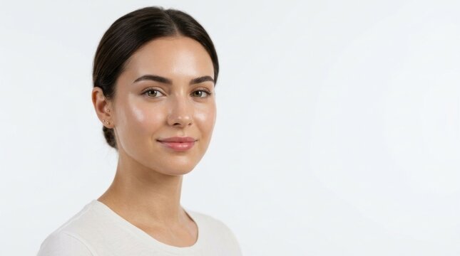A young woman with dark hair tied back, wearing a white top, stands against a plain white background with a slight shadow effect.
