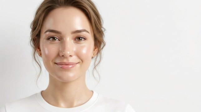 A woman with brown hair, wearing a white top, standing against a white background with a neutral expression.