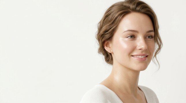 A woman with brown hair, wearing a white top, standing against a white background with a neutral expression.