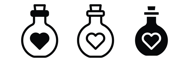 Love potion bottle icon set. Heart flask symbol for Valentine holiday celebration, magic elixir container, wedding romance decoration, and gaming health concept black and white vector illustration © Welcome