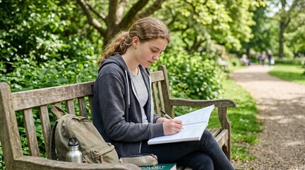 Fototapeta premium Young woman studying outdoors on a park bench with books and backpack.
