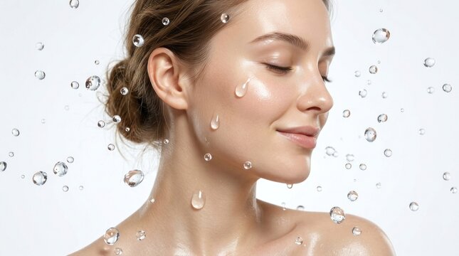 A woman with wet hair, wearing a white top, standing in front of a white background with water droplets falling on her face.