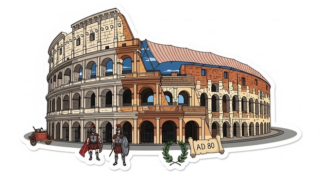 古代ローマ帝国の偉大な建築物コロッセオの歴史的変遷を鮮やかに描いたイラスト。AD80年の完成当時の壮麗な姿と現在の遺跡をダイナミックに対比させ、その建築美と時を超えた物語を魅力的に伝える。. AI Generated