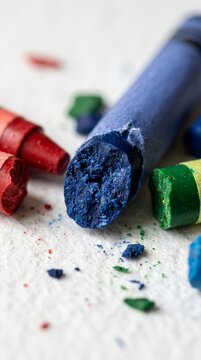 Close-up of broken wax crayons and colorful pigment dust on white paper