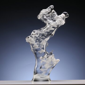 A translucent, lung-shaped glass sculpture with white mist rhythmically forming and dissipating inside. event programs.