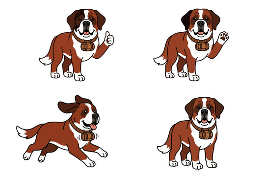 Joyful running Saint Bernard dog cartoon mascot with rescue barrel charm, flat vector illustration.